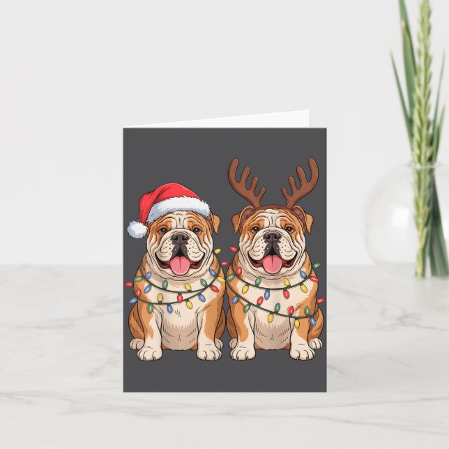 Tarjeta English Bulldog Christmas Santa Hat Reindeer Light (Anverso)
