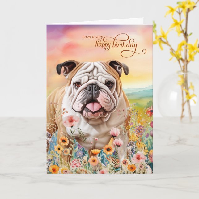 Tarjeta English Bulldog Field of Wildflowers Birthday (flor amarilla)