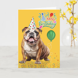 Tarjeta English Bulldog Party Hat Yellow Birthday