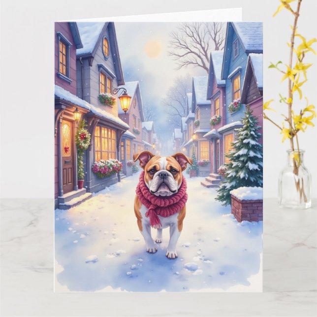 Tarjeta English Bulldog Snowy Christmas Village Holiday (flor amarilla)