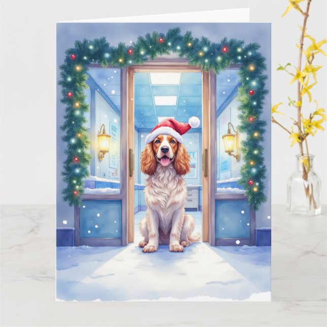 Tarjeta English Cocker Spaniel Nurse Station Santa Hat (flor amarilla)