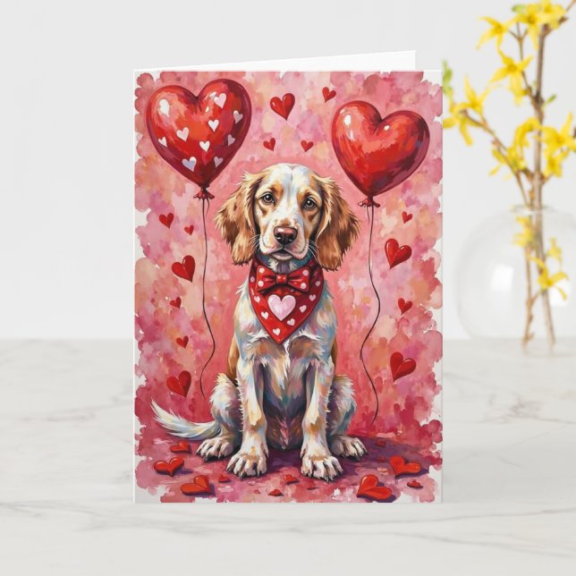 Tarjeta English Setter Valentine’s Day Dog with Hearts Red (flor amarilla)