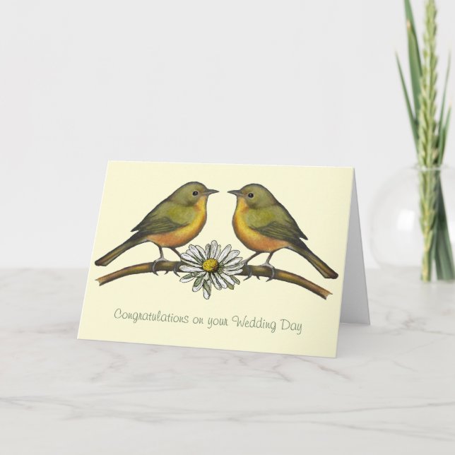 Tarjeta Enhorabuena de la boda: Dos pájaros, margarita: (Anverso)