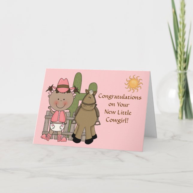 Tarjeta Enhorabuena del chica y del potro de recién nacido (Anverso)