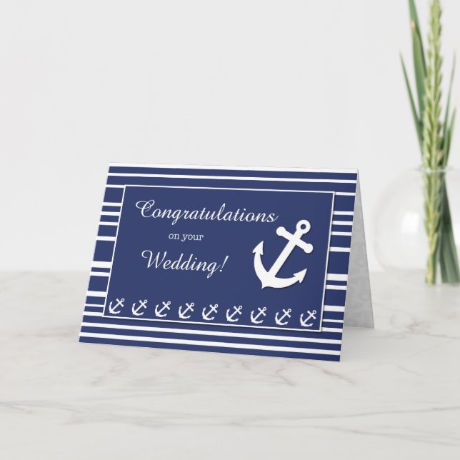 Tarjeta Enhorabuena náutica de la boda, rayas, anclas (Anverso)