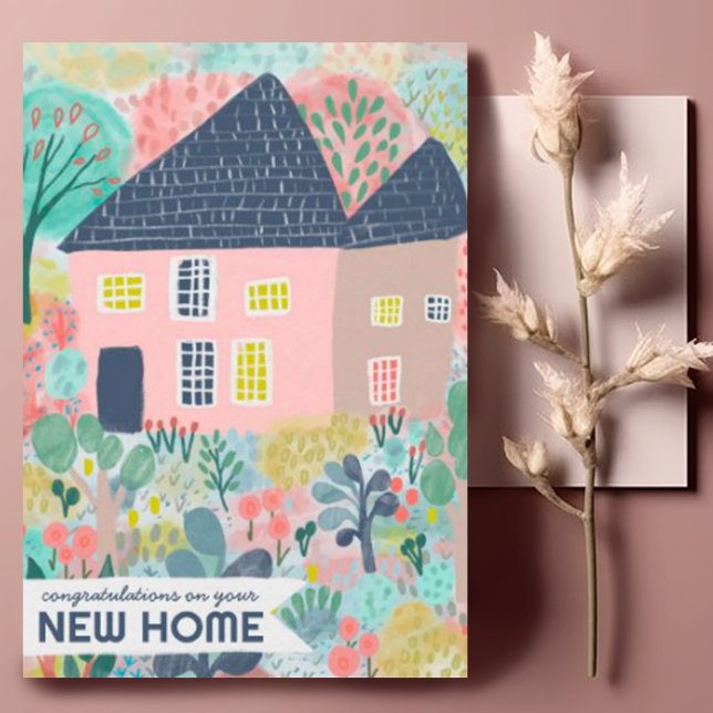 Tarjeta Enhorabuena Nueva Cuta de Acuarela de Hogar (Congratulations on new home custom greeting card with watercolor cottage art
)