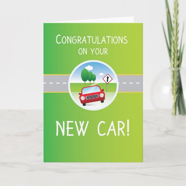 Tarjeta Enhorabuena por coche nuevo, auto en carretera (Anverso)