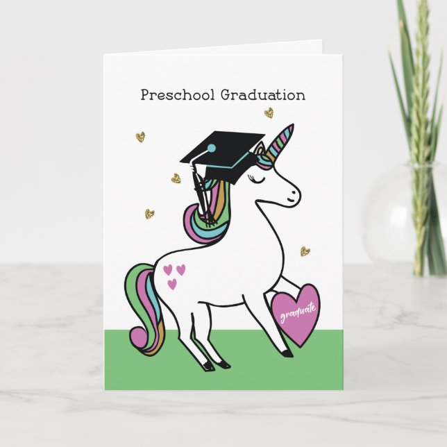 Tarjeta Enhorabuena por graduación preescolar a Unicorn (Anverso)