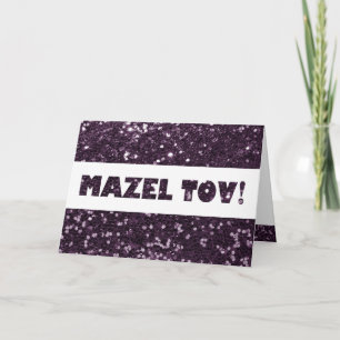 Tarjeta Enhorabuena púrpura de Mazel Tov del purpurina del
