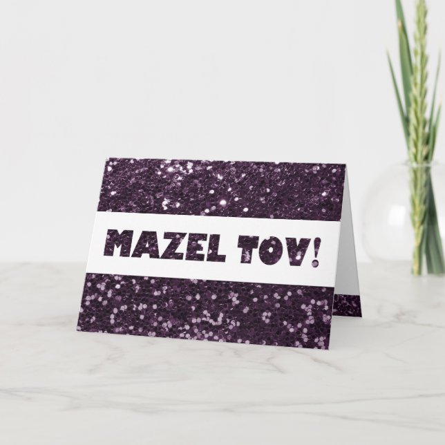 Tarjeta Enhorabuena púrpura de Mazel Tov del purpurina del (Anverso)