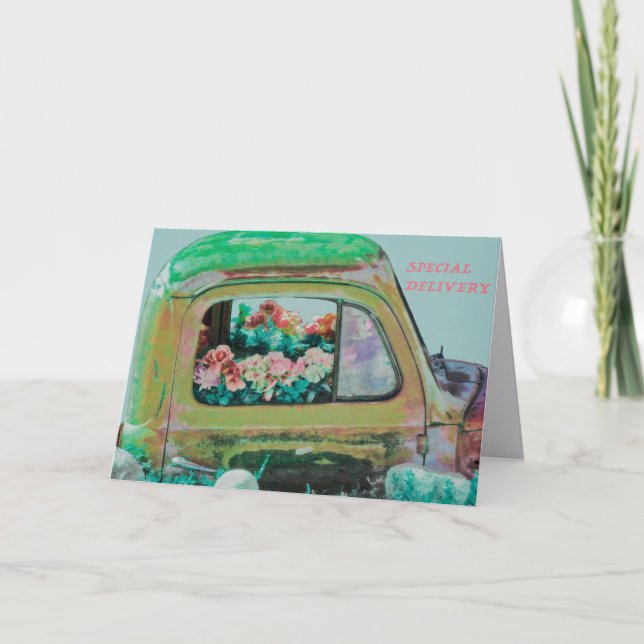 Tarjeta Entrega de flores de cumpleaños camión ramo divert (Anverso)