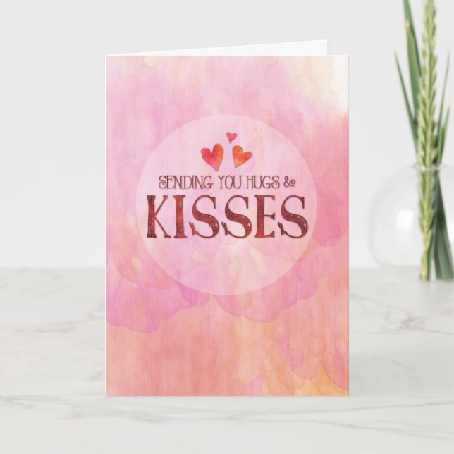 Tarjeta Enviándote abrazos y besos, fondo acuarela (Anverso)