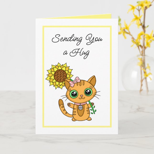 Tarjeta Enviándote un abrazo | Gatito y girasol (flor amarilla)