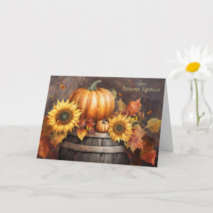 Tarjeta Equinoccio de otoño con calabaza de follaje de Bon