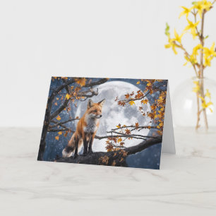Tarjeta Equinoccio de otoño con Fox de luna llena y otoño