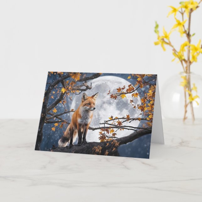 Tarjeta Equinoccio de otoño con Fox de luna llena y otoño (flor amarilla)