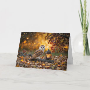Tarjeta Equinoccio de Otoño con Velas de Búho Follaje