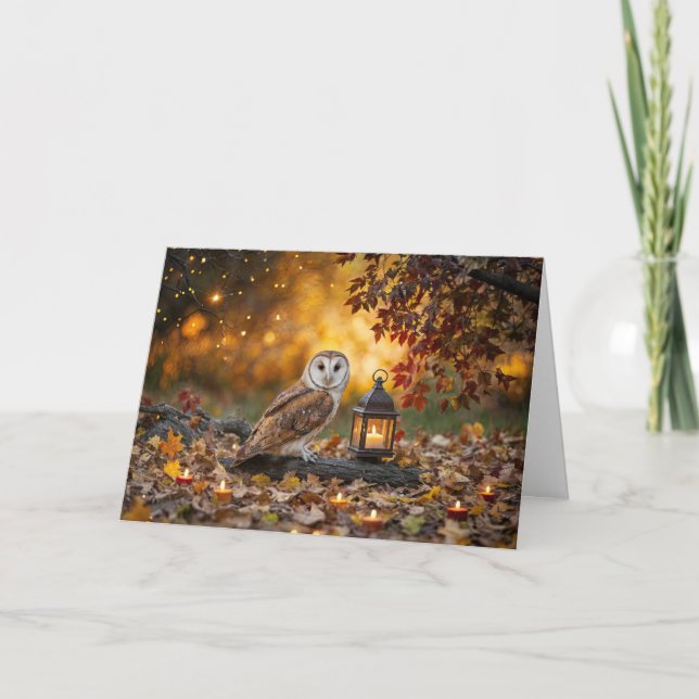 Tarjeta Equinoccio de Otoño con Velas de Búho Follaje (Anverso)
