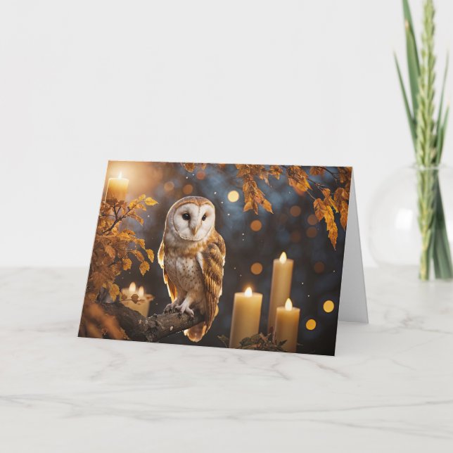Tarjeta Equinoccio de otoño con velas de búho y caída (Anverso)
