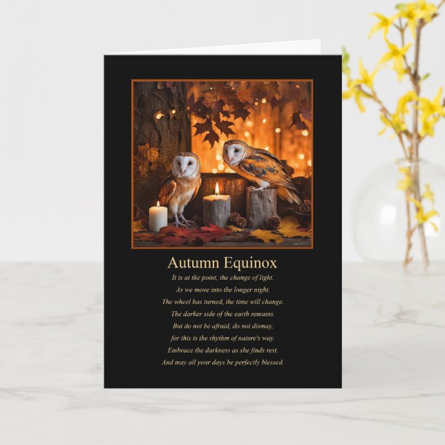Tarjeta Equinoccio de Otoño Mabon con Búhos y Velas (flor amarilla)