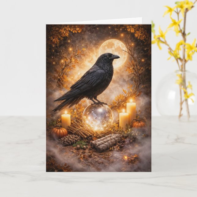 Tarjeta Equinoccio de Otoño Mabon Cuervo Místico (flor amarilla)