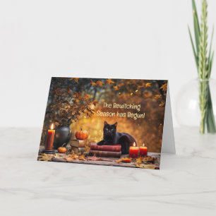 Tarjeta Equinoccio de Otoño o Caída Gato Negro Lindo