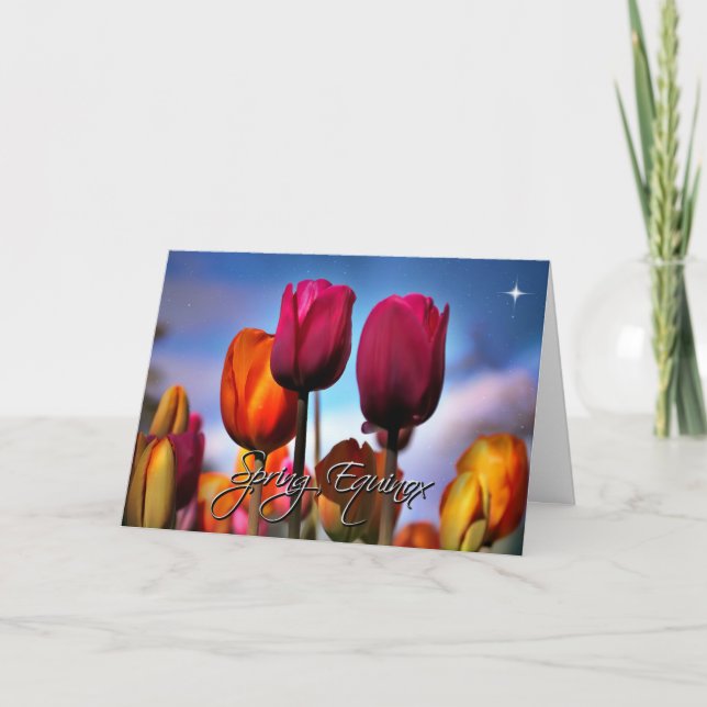 Tarjeta Equinoccio de primavera con flor de tulipano (Anverso)