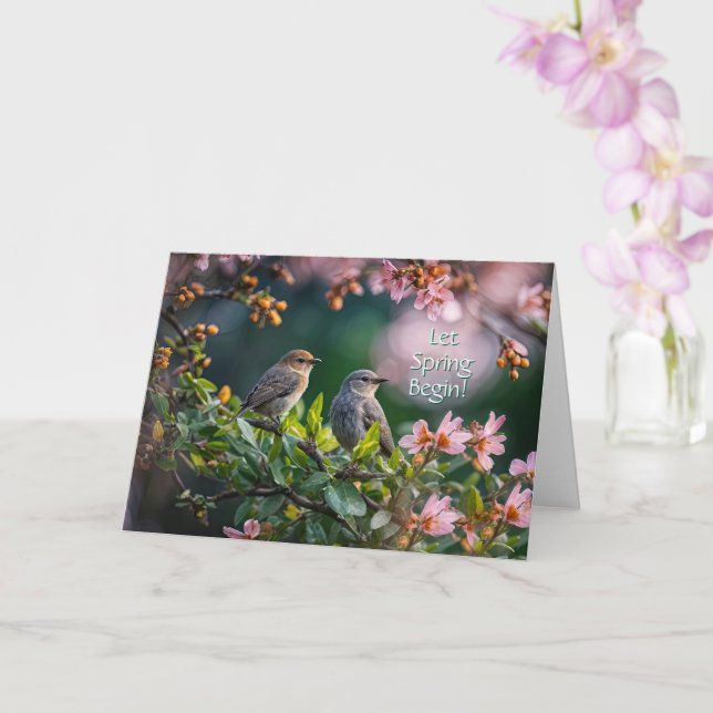 Tarjeta Equinoccio de Primavera Pájaros y Flores en Flor (Orquídea)