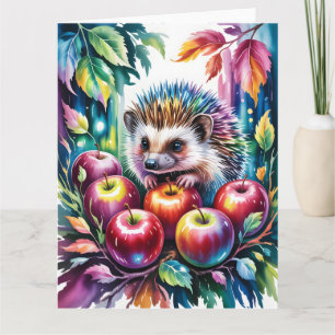Tarjeta Erizo de Acuarela Vibrante con Manzanas de Otoño