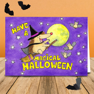 Tarjeta Erizo de Halloween Bruja Lindo Blanco