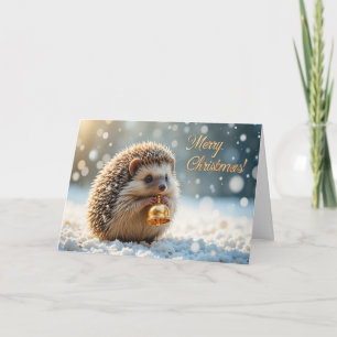 Tarjeta Erizo de Navidad lindo en la madera invernal de ni