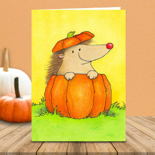 Tarjeta Erizo Lindo en Blanco en Calabaza de Otoño