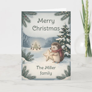 Tarjeta Erizo Sosteniendo Estrella Navidad Bosque