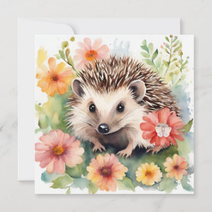 Tarjeta Erizo y flores acuarela