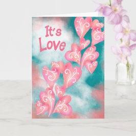 Tarjeta Es Amor – Cascada de Corazones Rosados y Turquesas