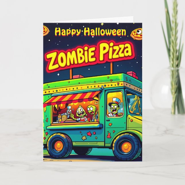 Tarjeta ¡Es la hora de la pizza zombiana para Halloween! (Anverso)