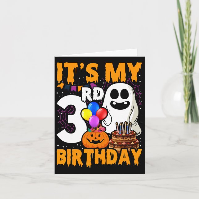 Tarjeta Es mi fiesta de cumpleaños número 3 de Halloween d (Anverso)
