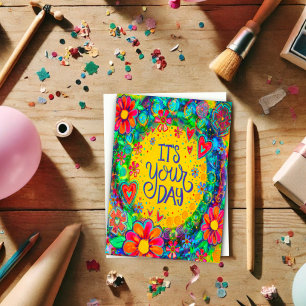 Tarjeta Es tu cumpleaños, alegre y divertida floral amaril