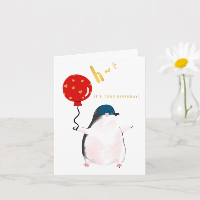 Tarjeta Es tu cumpleaños - el pequeño pingüino (Planta pequeña)