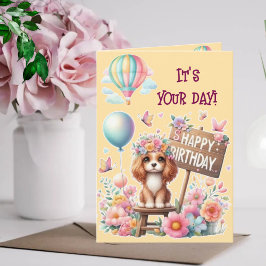 Tarjeta ¡Es tu día! Feliz cumpleaños a Cute Puppy