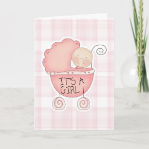 Tarjeta Es una felicitación de un bebé Chica rosado Buggy