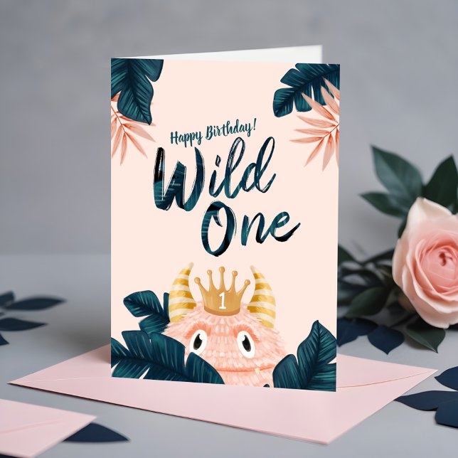 Tarjeta Es una salvaje monstrua rosada y jungla tropical (She's a Wild One Pink Monster & Tropical Jungle Card)