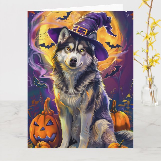 Tarjeta Escandaloso Husky Perro Halloween Calabaza de Bruj (flor amarilla)