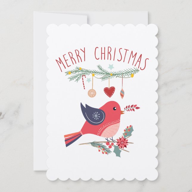 Tarjeta escandinava para Navidades de aves y guirn (Anverso)