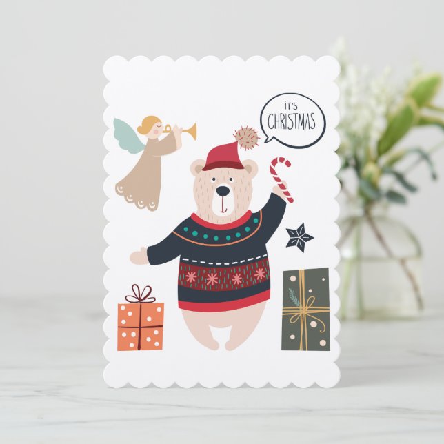 Tarjeta escandinava para Navidades de oso y ángel (Anverso de pie)