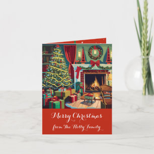 Tarjeta Escena, árbol, regalos de Navidades retro,