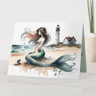Tarjeta Escena costera de acuarela del faro de la sirena