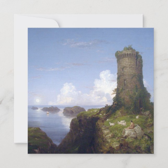 Tarjeta Escena costera italiana con una torre en ruinas (Anverso)