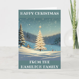 Tarjeta Escena de árbol de Navidad retro con nieve