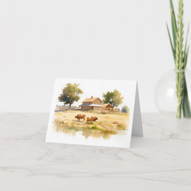 Tarjeta Escena de campo con el saludo en blanco de vacas y (Anverso)